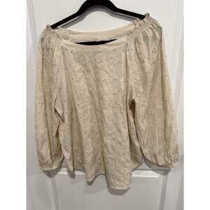 Loft Women's Large Striped Butter Yellow Cottagecore Eyelet 3/4 Sleeve Top